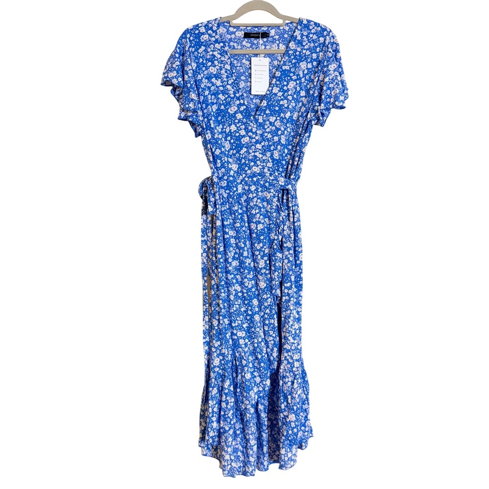 ZESICA Womens Blue Floral Boho Wrap Midi Dress Flutter Sleeve Ruffle L NEW